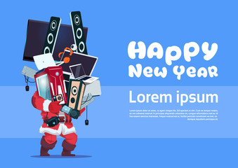Santa Claus Holding Pile Of Modern Electronics Gadgets On Happy New Year Banner Background Vector Illustration