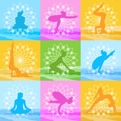 Yoga Poses Set Woman Silhouette Over Beautiful Lotus Icon Colorful Ornament Vector Illustration