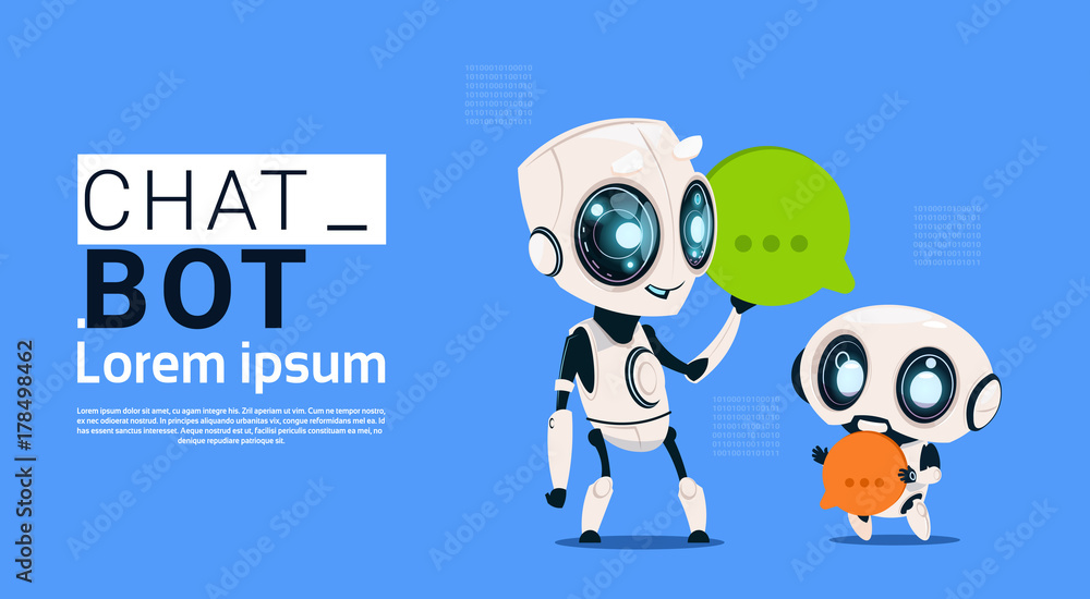 Poster chat bot robots holding speech bubble banner with copy space, chatter or chatterbot support service 