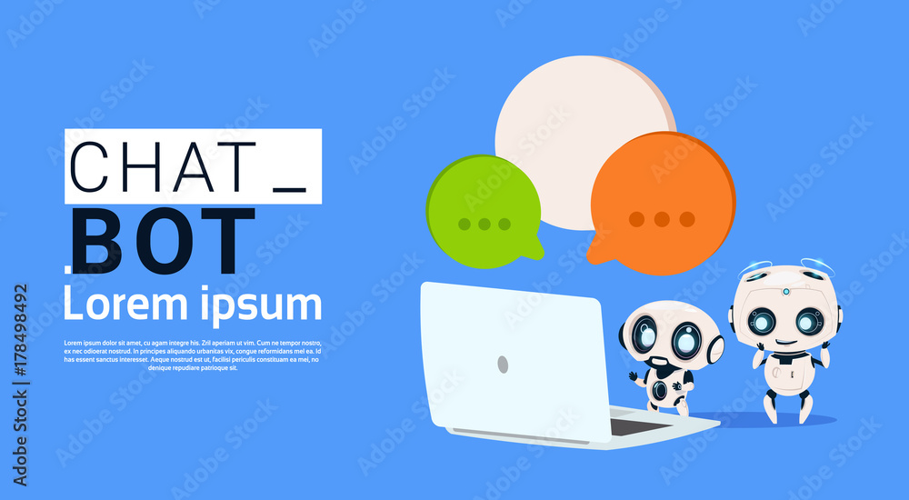 Poster chat bot robots using laptop computer and hold speech bubble banner with copy space, chatter or chat