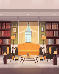 Cozy Living Room Interior Design With Furniture, Sofa, Table Armchairs And Bookcase Flat Vector Illustration