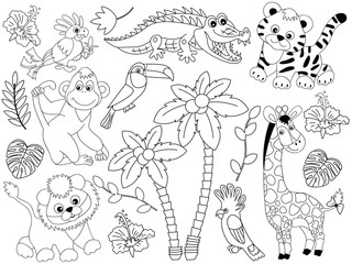 Naklejka premium Vector Set of Safari Animals and Birds. Vector Jungle Animals and Birds