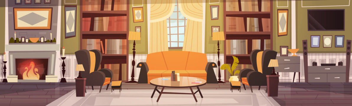 Cozy Living Room Interior Design With Furniture, Sofa, Table Armchairs, Fireplace Bookcase, Horizontal Banner Flat Vector Illustration