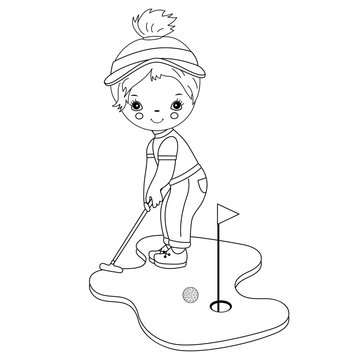Vector Cute Little Girl Playing Golf