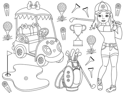 Vector Golf Set with Girl Playing Golf and Golf Accessories