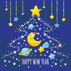 Holiday background with cartoon crescent, comet, Saturn and Christmas tree of stars in the night sky. Vector illustration is suitable for greeting cards, invitations and posters.