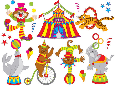Vector Circus Set with Clown, Big Top and Animals