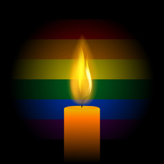 eps 10 vector burning candle isolated on pride flag background. LGBT movement community. Realistic hand drawn wax candle with burning flame. Editable poster, banner, brochure for web, print, design