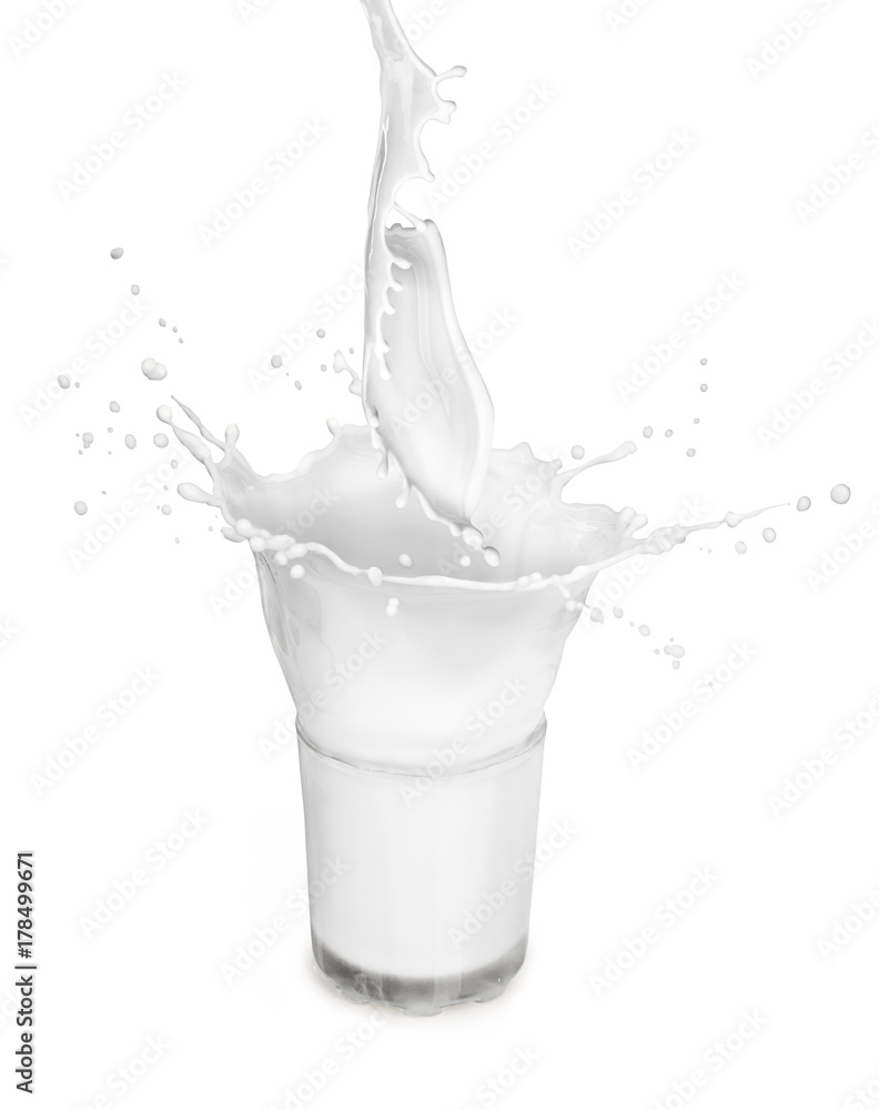 Sticker in a glass with milk pouring milk isolated on white background