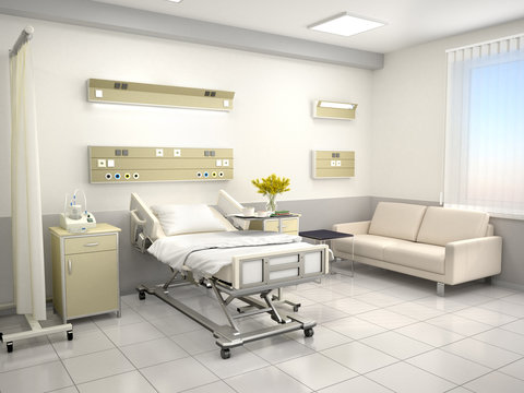 The interior of the hospital room is in warm colors. 3d illustration