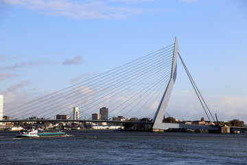 Fototapeta na wymiar Schifffahrt im Hafen Rotterdam mit Erasmusbrug, Flagge und Panorama