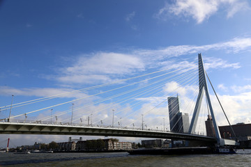 Schifffahrt im Hafen Rotterdam mit Erasmusbrug, Flagge und Panorama