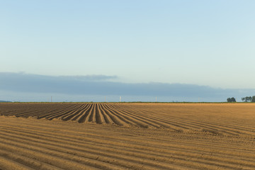 Fototapeta na wymiar Plowed agricultural fields prepared for planting crops in Normandy, France. Countryside landscape with cloudy sky, farmlands in spring. Environment friendly farming and industrial agriculture concept.