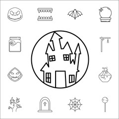 Happy Halloween Magic castle in round icon. Set of Halloween icons
