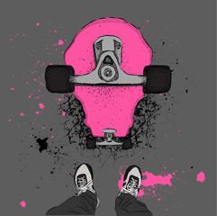 Skateboarder with skateboard. Grunge background with blots. Vector illustration