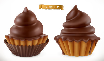 Chocolate cupcake, fairy cake. 3d realistic vector icon