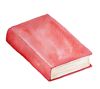 Watercolor book illustration. Red cover, closed, clean backbone, beige brown paper pages, aged scuff marks, view from above. Hand painted drawing, isolated on white background.