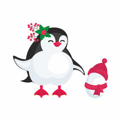 Fun image of a penguin in cartoon style. Vector illustration on white background