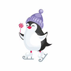 Fun image of a penguin in cartoon style. Vector illustration on white background