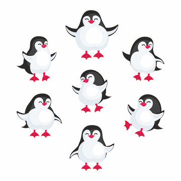 Fun image of penguins in cartoon style. Vector illustration set on white background