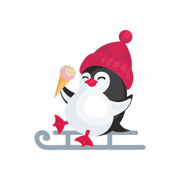 Fun image of a penguin in cartoon style. Vector illustration on white background