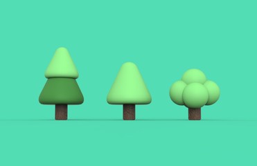 Set of Tree cartoon Character. Cute 3D Model. Isolated On Green Background