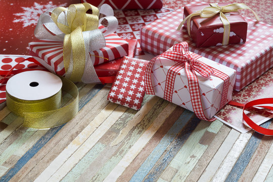 Still life of Merry Christmas and Happy new year DIY gift boxes. Presents for any holiday concept.