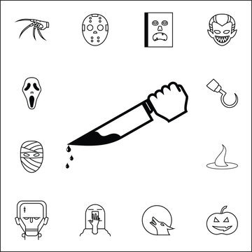 Halloween badge bloody knife in hand Michael Myers Halloween icon. Set of Halloween icons