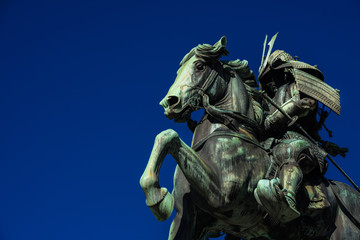 Kusunoki Masashige samurai bronze equestrian statue erected in 1897 in the center of Tokyo (with copy space)