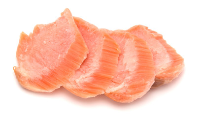 smoked salmon segments isolated on white background cutout. Prepared fish fillet fibres.