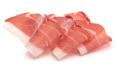 Italian prosciutto crudo or jamon. Raw ham. Isolated on white background