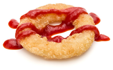Crispy deep fried onion or Calamari ring with ketchup isolated on white background