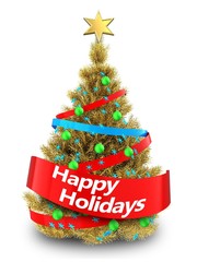 3d golden Christmas tree with happy holidays sign