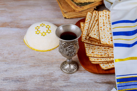 Pesah jewish Passover holiday with wine and matza