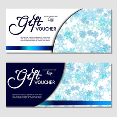 Gift voucher. Vector.Template for discount card, coupon, corporate certificate, ticket.  Background with blue snowflakes. Happy New Year and Merry Christmas

