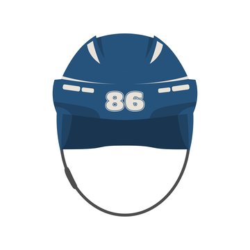 Classic ice hockey blue helmet icon in flat style. Eighty six number label. Front view
