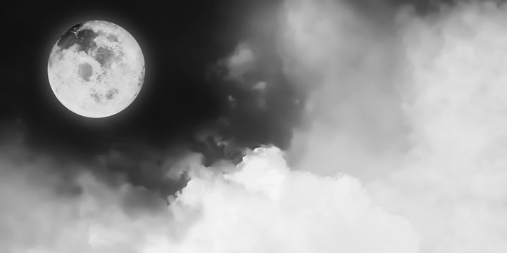 Black and White artistic panorama view of beautiful Fantasy Moon and cosmic clouds background.Image of moon furnished by NASA.