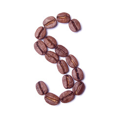 Letter S of coffee beans from alphabet isolated on white background. close-up
