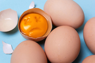 One chicken egg is broken and the yolk is sad or dead. Rotten egg