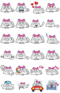 Cute Cartoon Character Lady cat with pink spotted Bow on top. Set collection of different emotions. Good for emoticon and stickers