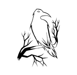 black silhouette of raven on white background