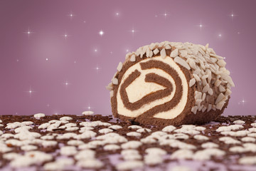 Close up of a delicious colorful baked cake with star background