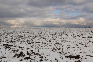 winter landscape - arable land covered with the first fallen snow on cloudy day