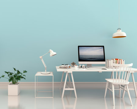 3D rendering of interior modern living room bright workspace with desk and laptop computer and green plants 