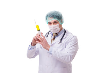 Funny doctor with syringe isolated on white