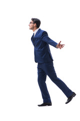 Businessman walking standing side view isolated on white backgro