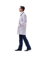 Young doctor physician standing walking isolated on white backgr