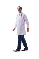 Young doctor physician standing walking isolated on white backgr