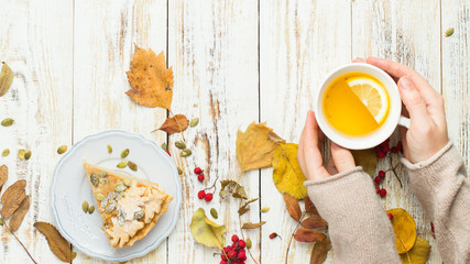 Autumn background with pumpkin pie, hot tea, yellowed leaves, book and rug. Perfect sunny autumn. A wooden light white autumn background for you. Copy Space. Place for text. Flat lay, top view