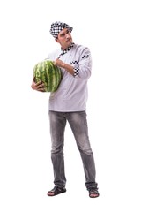 Young male cook with watermelon isolated on white